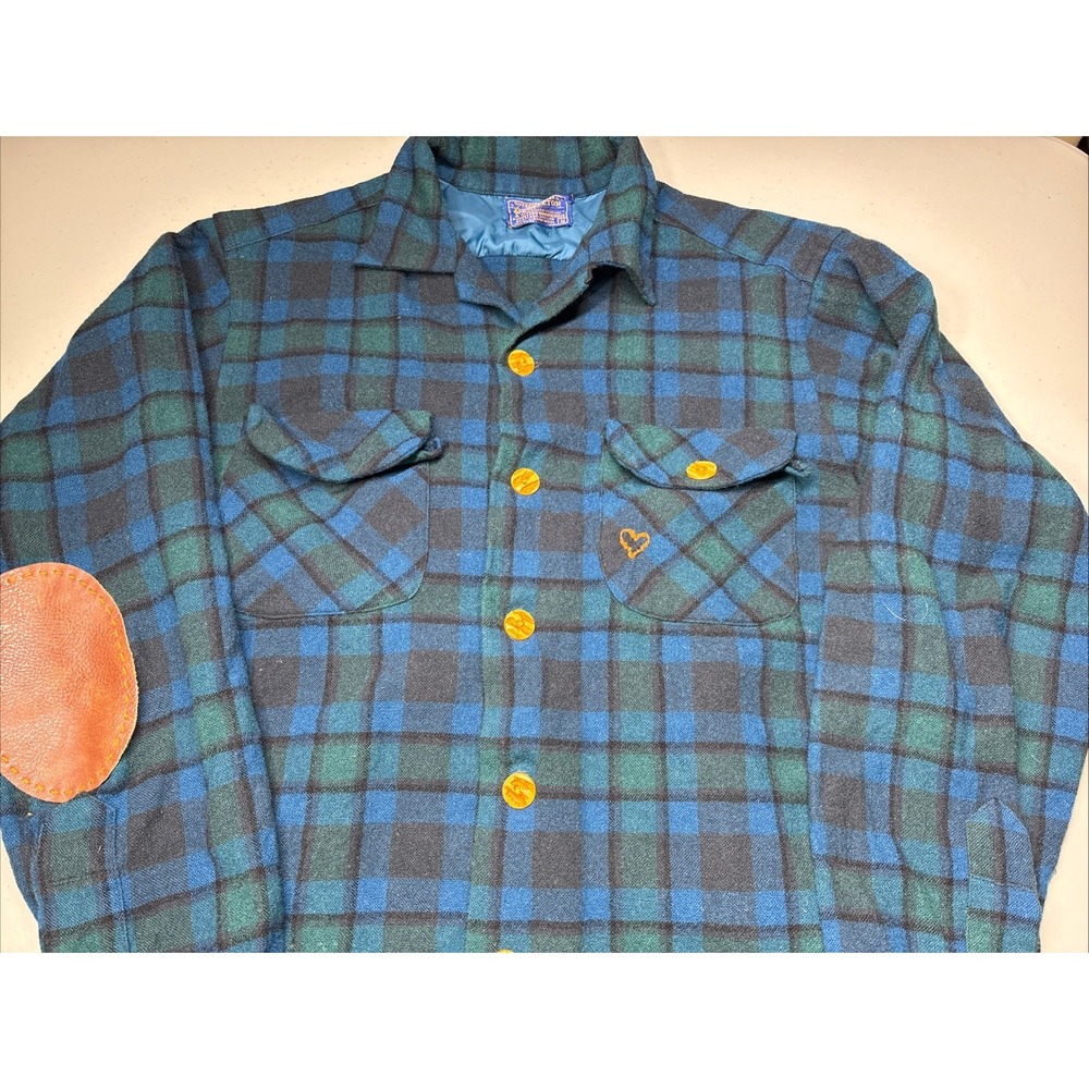 Vintage Pendleton Loop Collar Board Shirt Mens Medium Blue Plaid 60s Elbow Patch